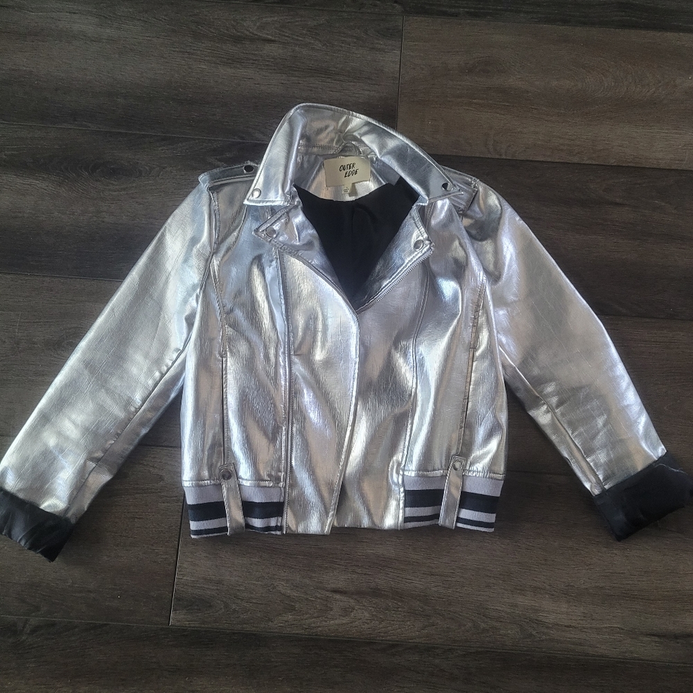 Silver Metallic faux leather bomber biker jacket